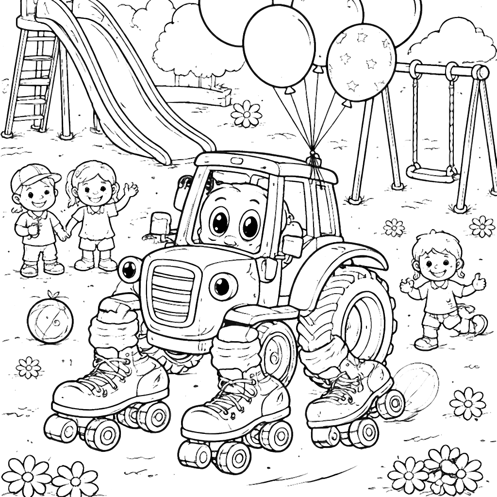 Exciting Tractor on Roller Skates Coloring Page