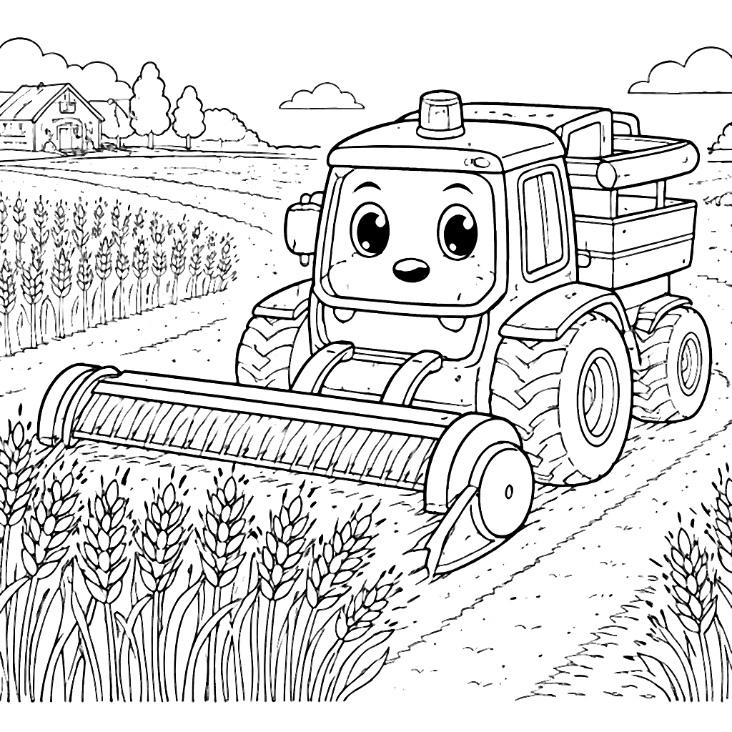 Coloring Page of a Tractor in a Wheat Field