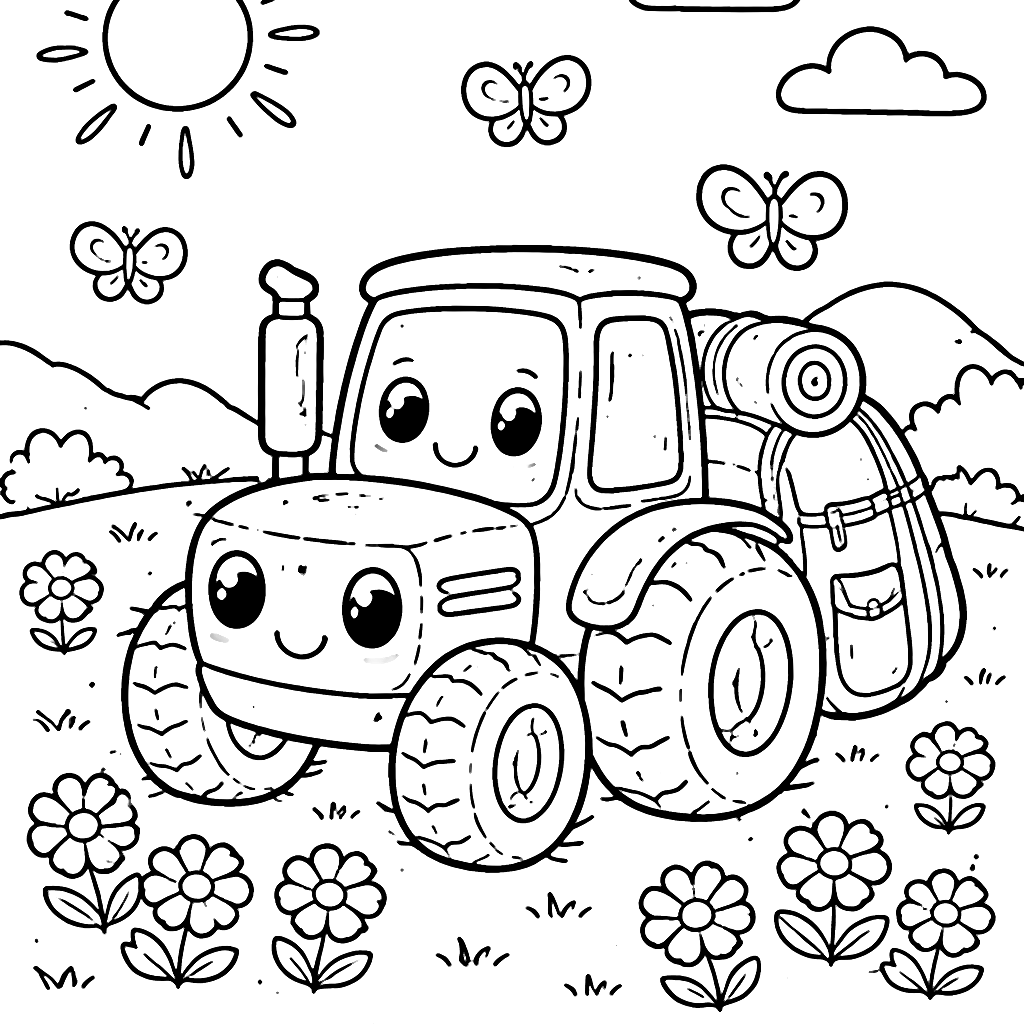 Kawaii Tractor with Backpack in a Sunny Meadow Coloring Page