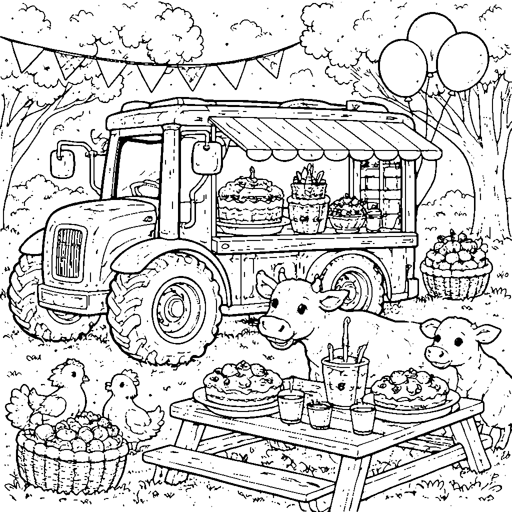 Tractor Garden Party Coloring Page
