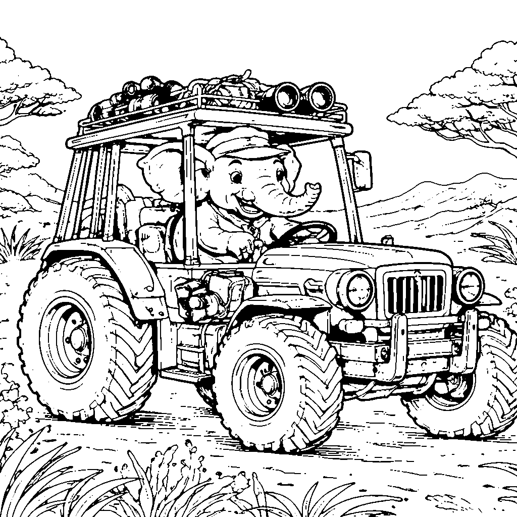 Tractor Safari Expedition Coloring Page