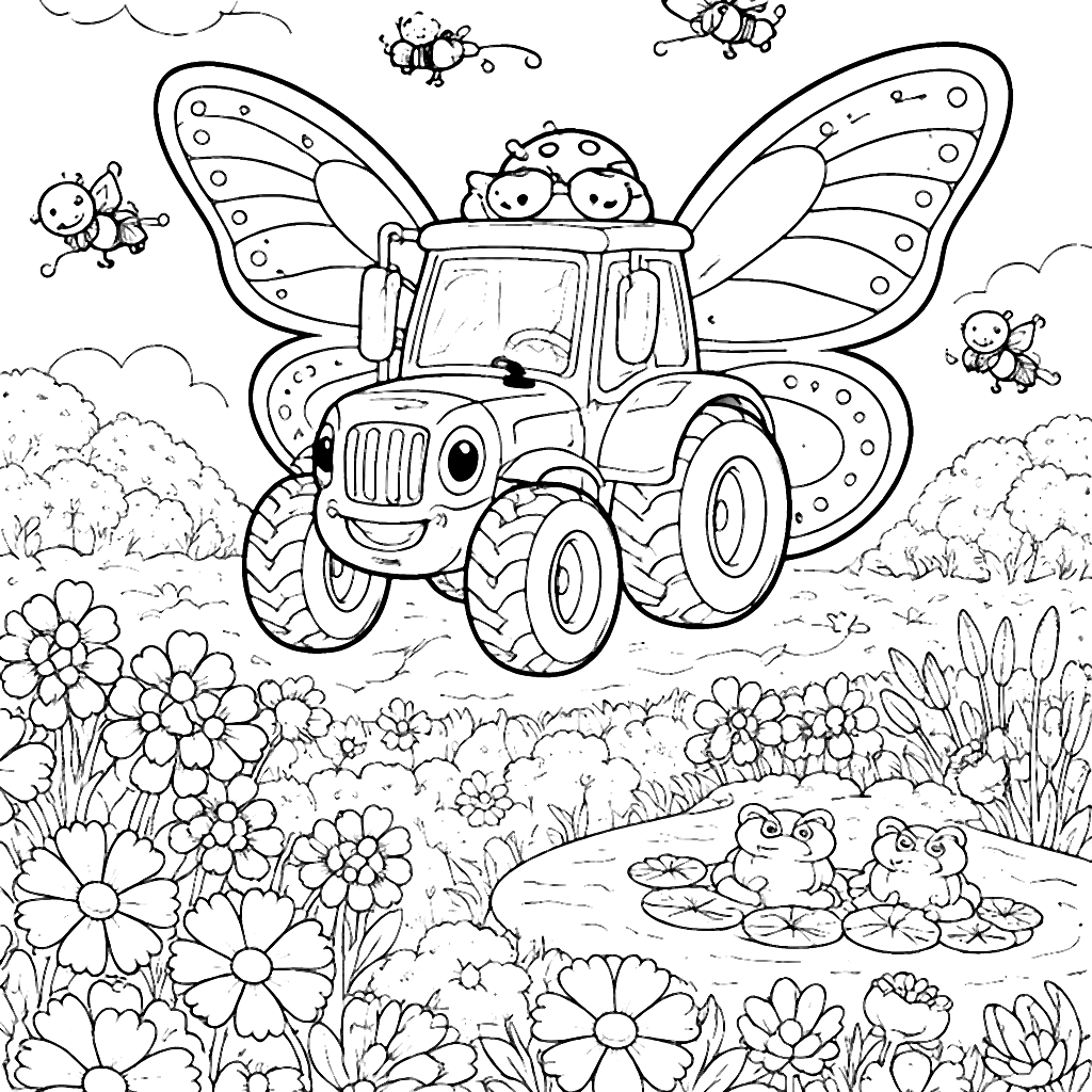 Tractor with Butterfly Wings Coloring Page for Kids
