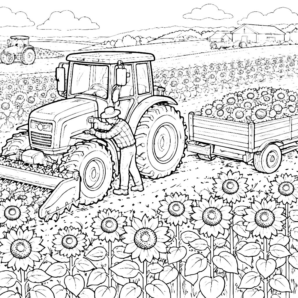 Tractors Coloring Page: Harvesting Sunflowers