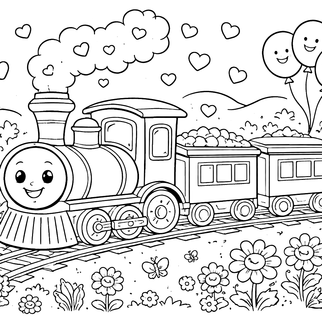 Charming Train Coloring Page with Hearts and Butterflies
