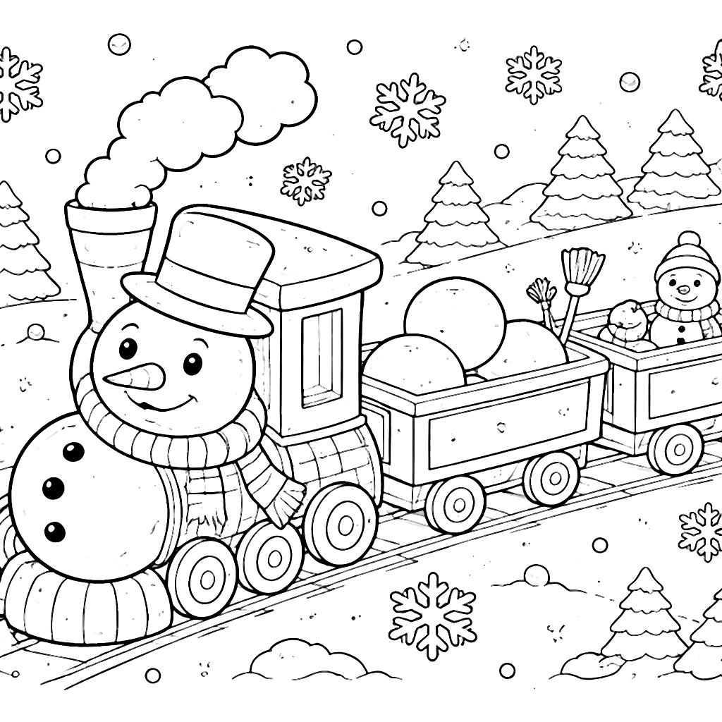 Whimsical Train Coloring Page with a Snowman