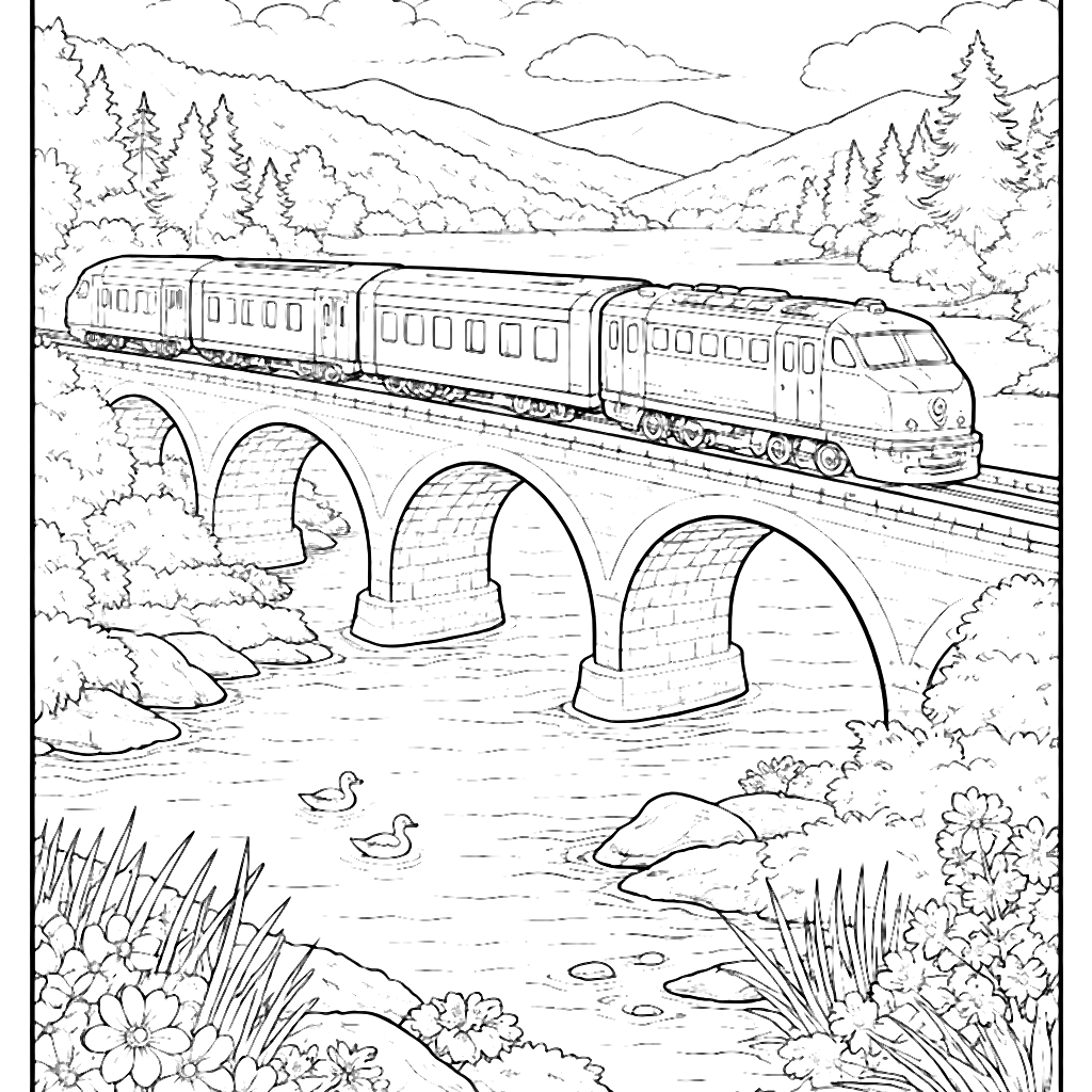 Trains Crossing a Bridge in the Countryside Coloring Page