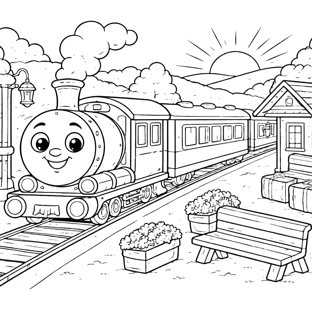 Trains at a Picturesque Countryside Station Coloring Page