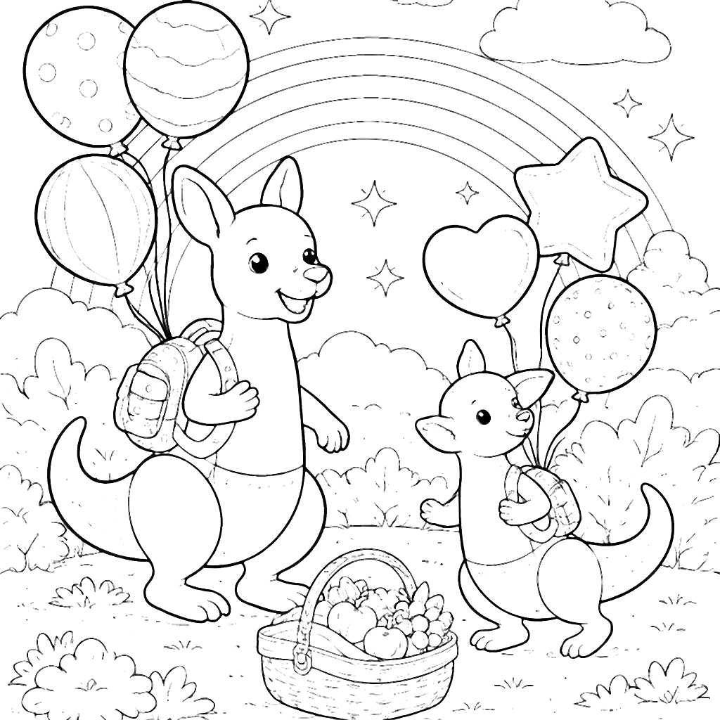 Two Adventurous Kangaroos with Colorful Balloons Coloring Page