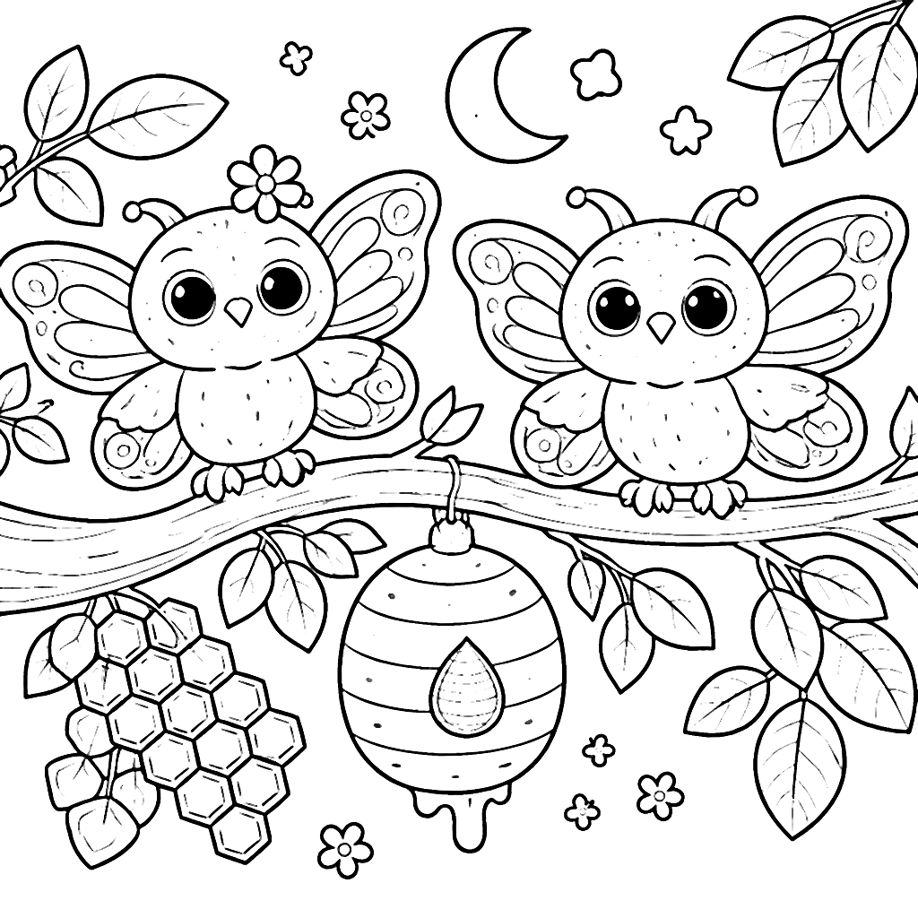 Coloring Page of Two Clever Owls with Butterfly Wings