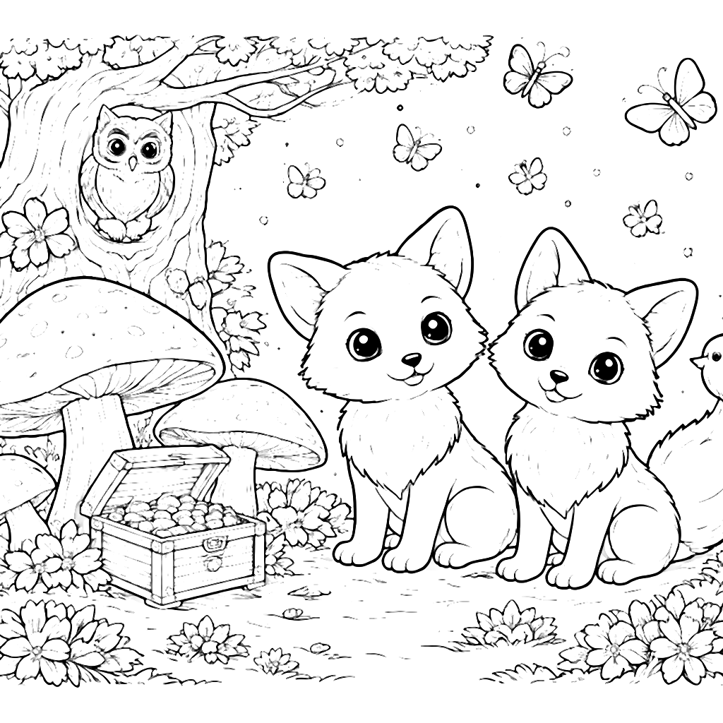 Two Curious Foxes in a Magical Forest Coloring Page