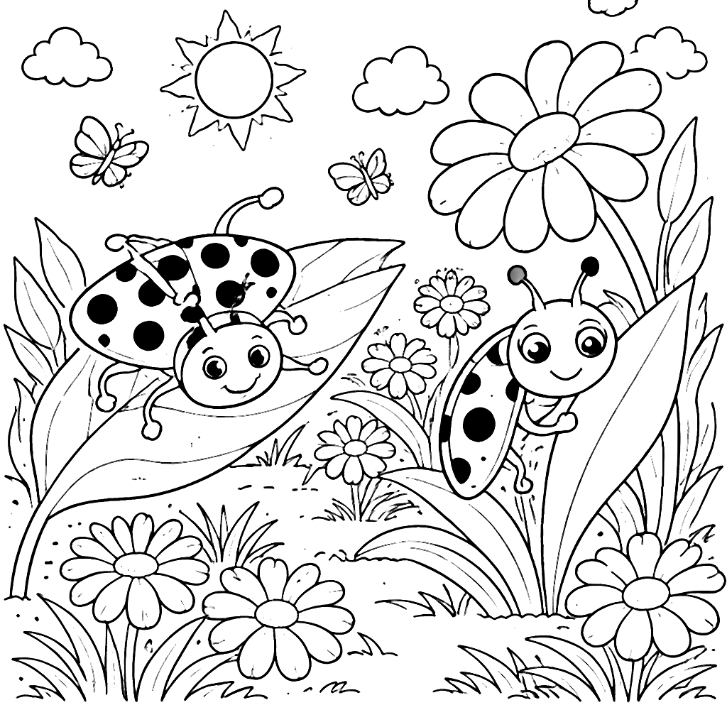 Coloring Page of Two Friendly Ladybugs in a Garden