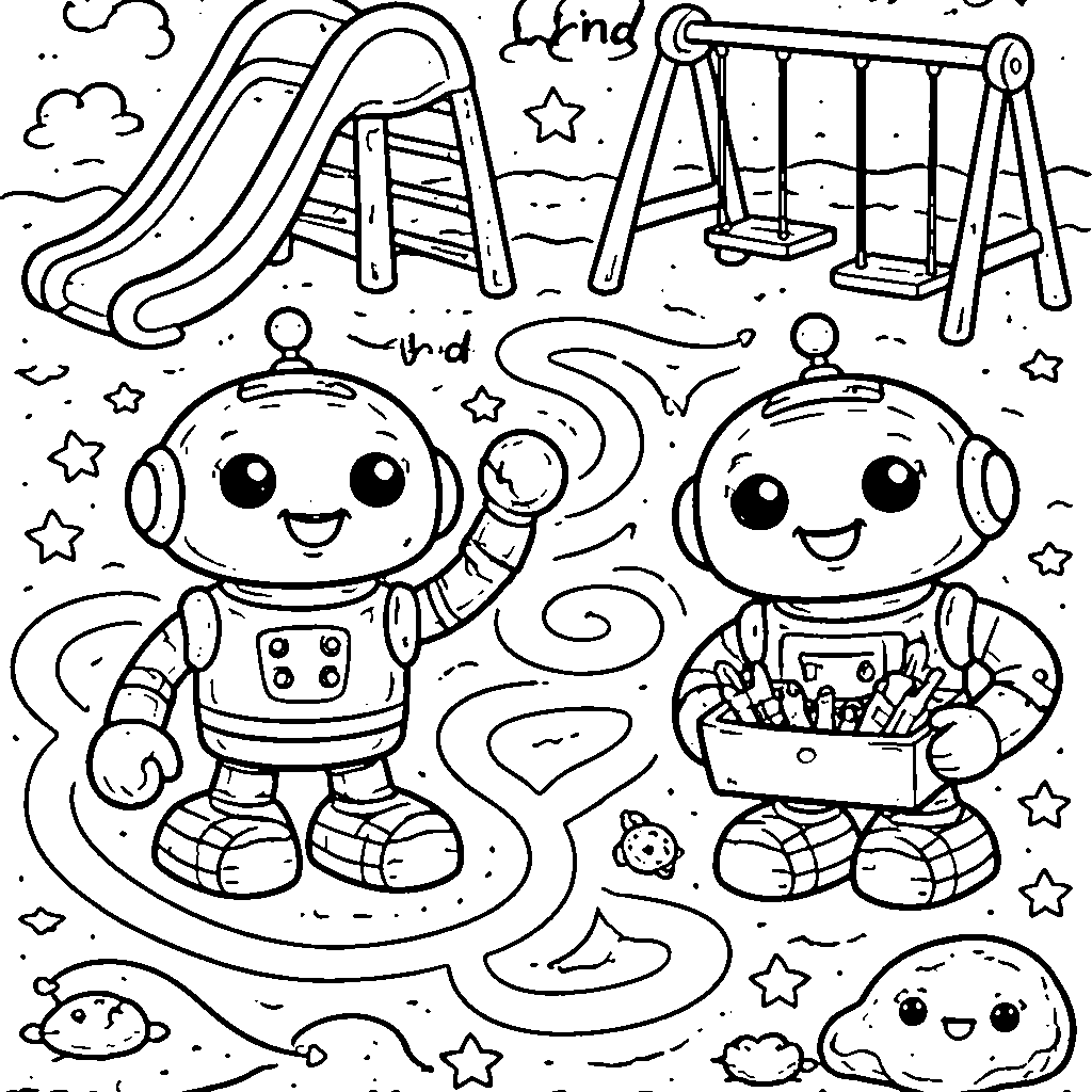 Two Friendly Robots Coloring Page