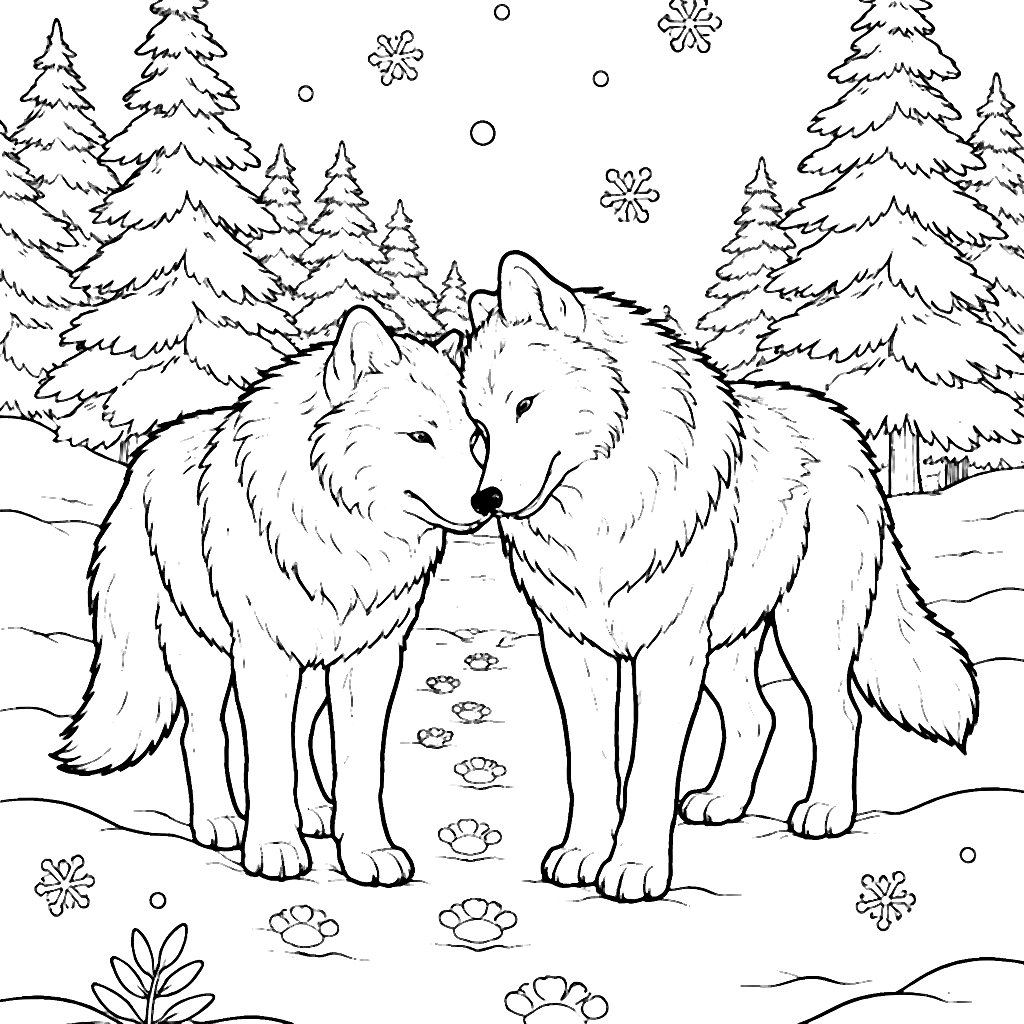 Coloring Page of Two Majestic Wolves in Winter