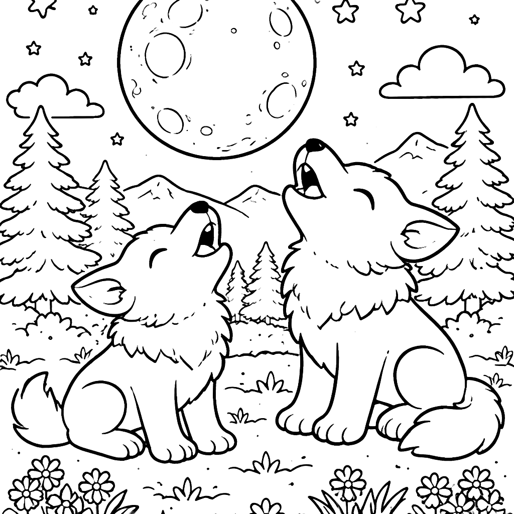 Coloring Page of Two Majestic Wolves Howling at the Moon