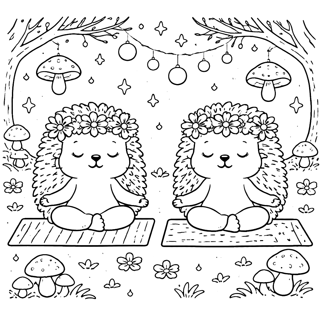 Two Playful Hedgehogs Meditating in a Magical Forest