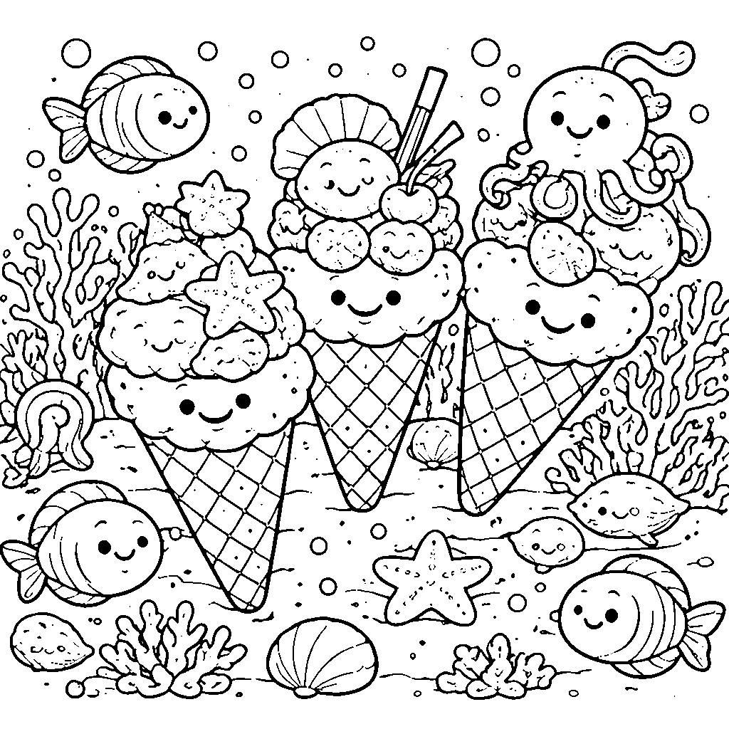 Underwater Ice Cream Party Coloring Page