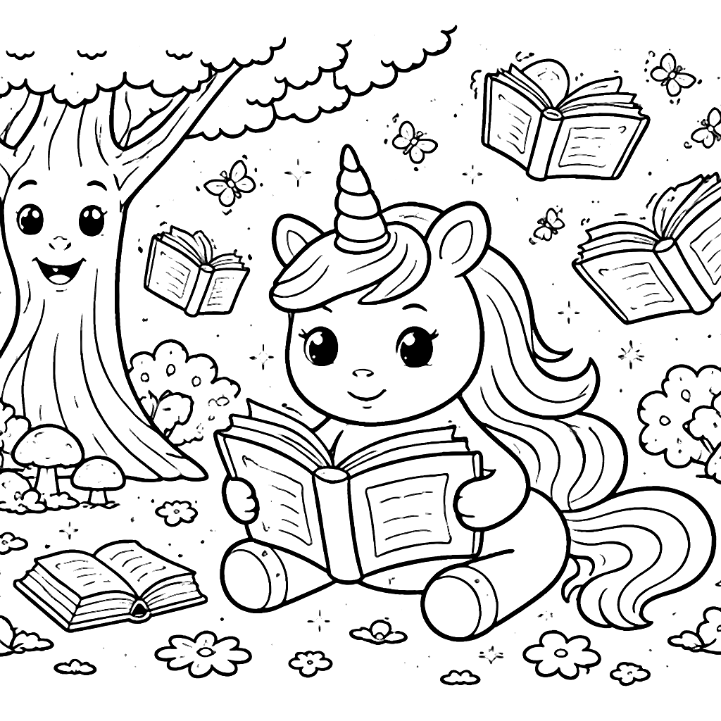 Magical Unicorn Reading in a Floating Book Forest