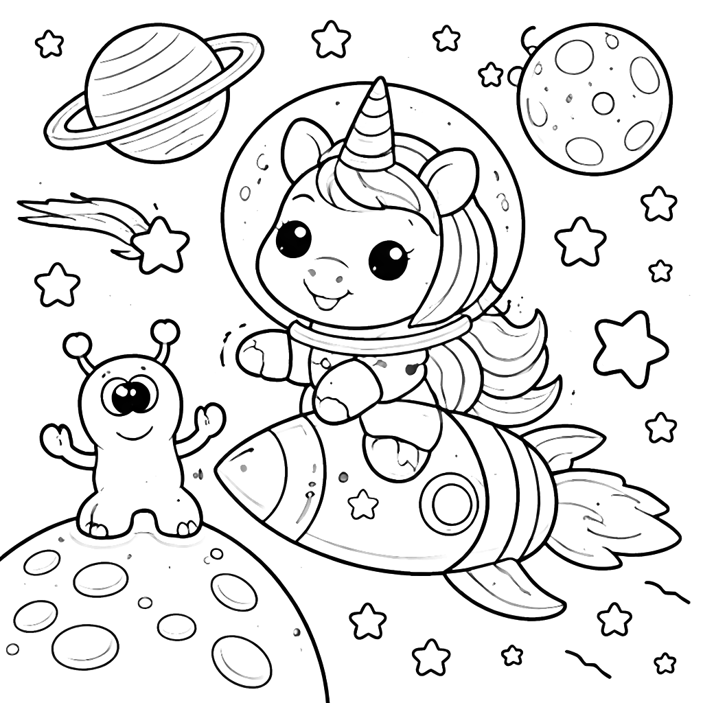 Unicorn's Space Adventure Coloring Page
