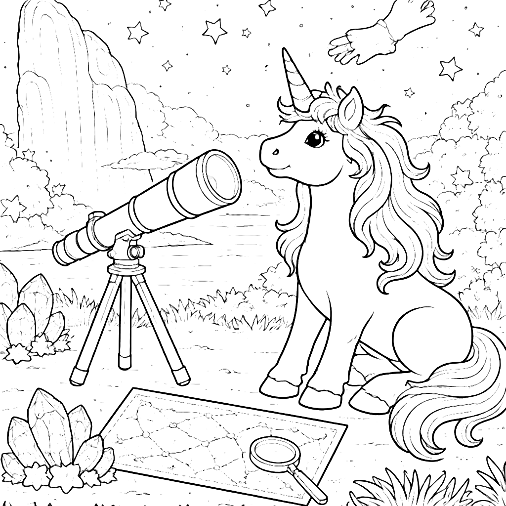 Unicorn Stargazing Coloring Page for Kids