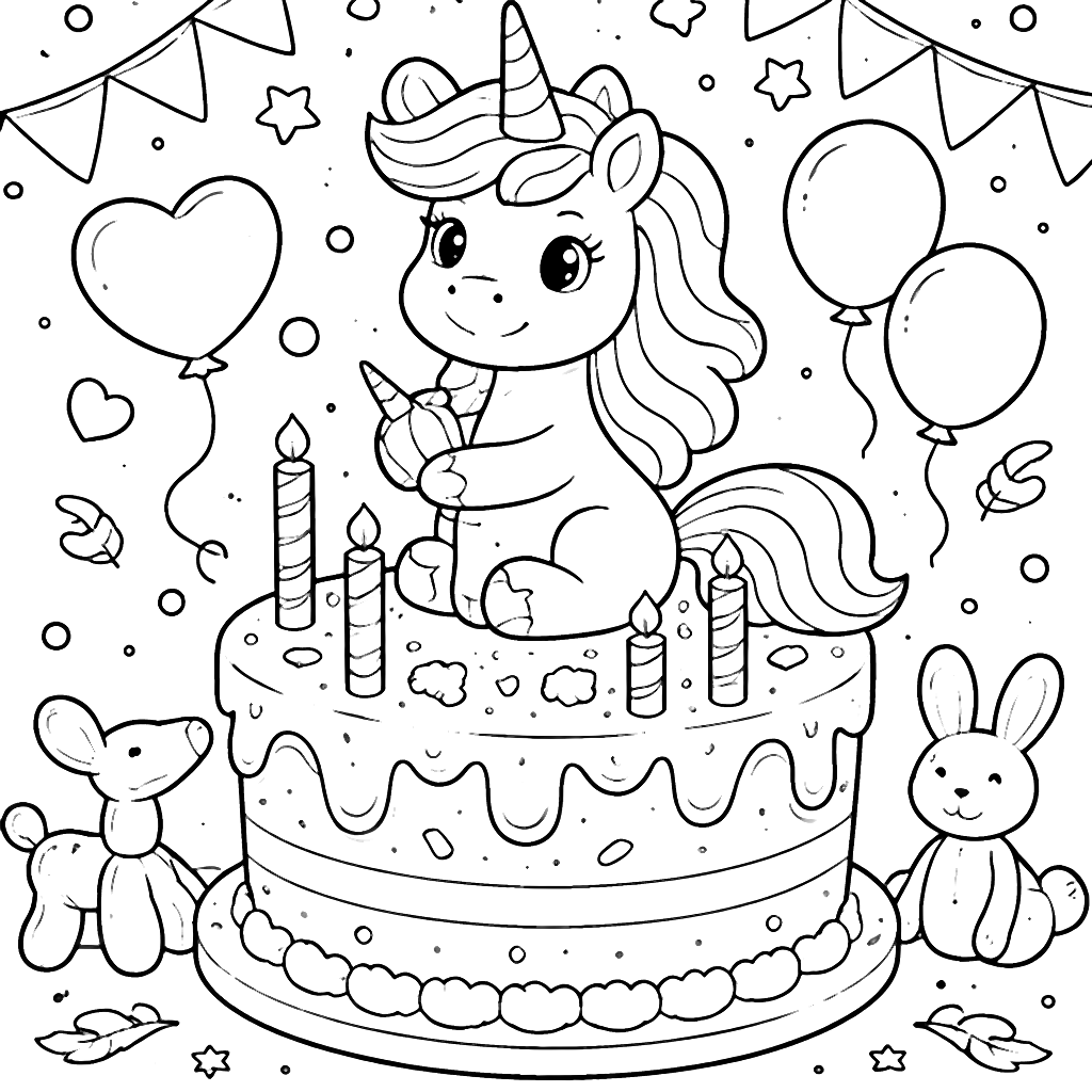 Whimsical Unicorn Birthday Cake Coloring Page