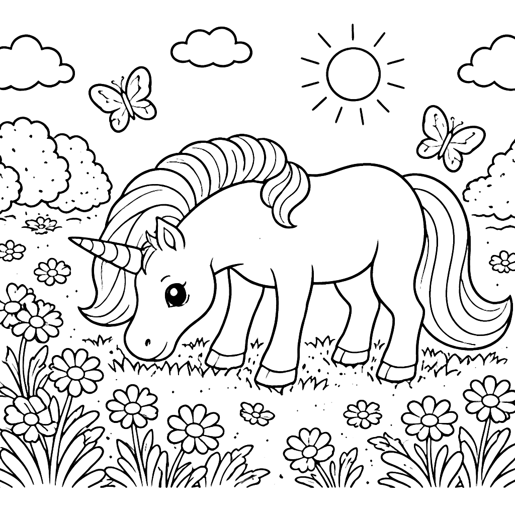 Charming Unicorn Grazing in a Sunlit Meadow Coloring Page