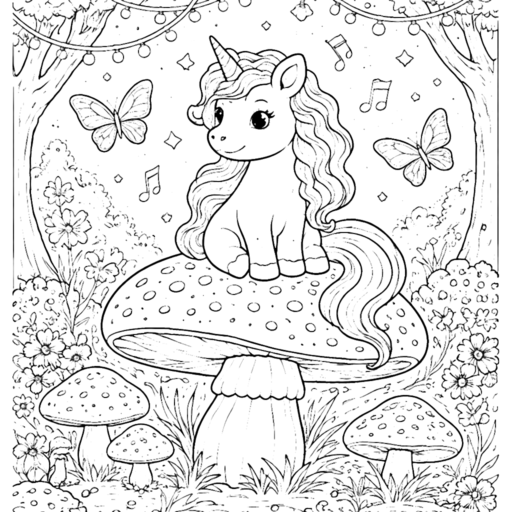 Magical Unicorn on a Giant Mushroom Coloring Page