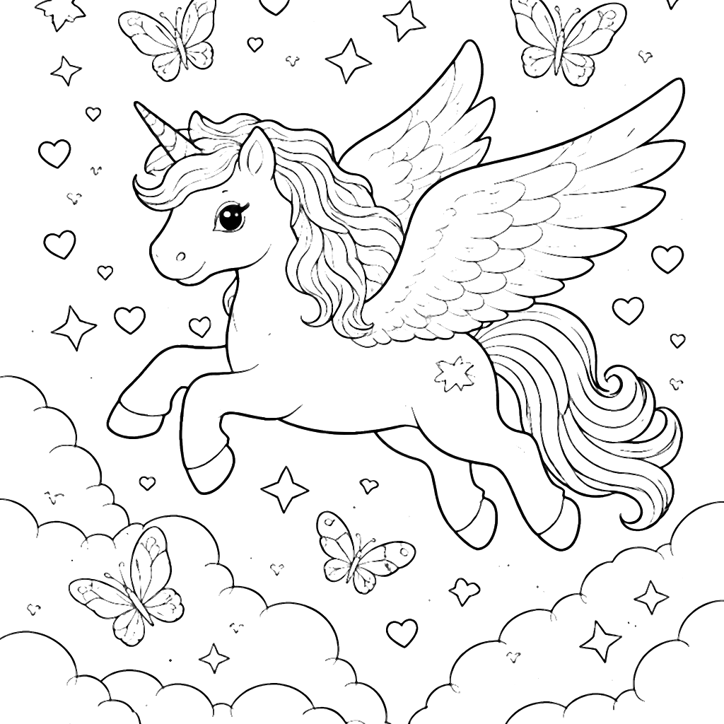 Magical Unicorn Flying Through a Heart-filled Sky