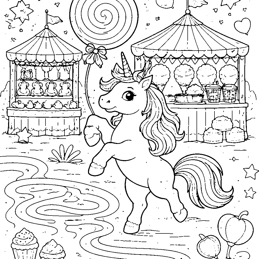Magical Unicorn with a Lollipop Balloon Coloring Page