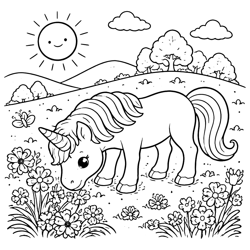 Enchanting Unicorns in a Sunlit Meadow Coloring Page