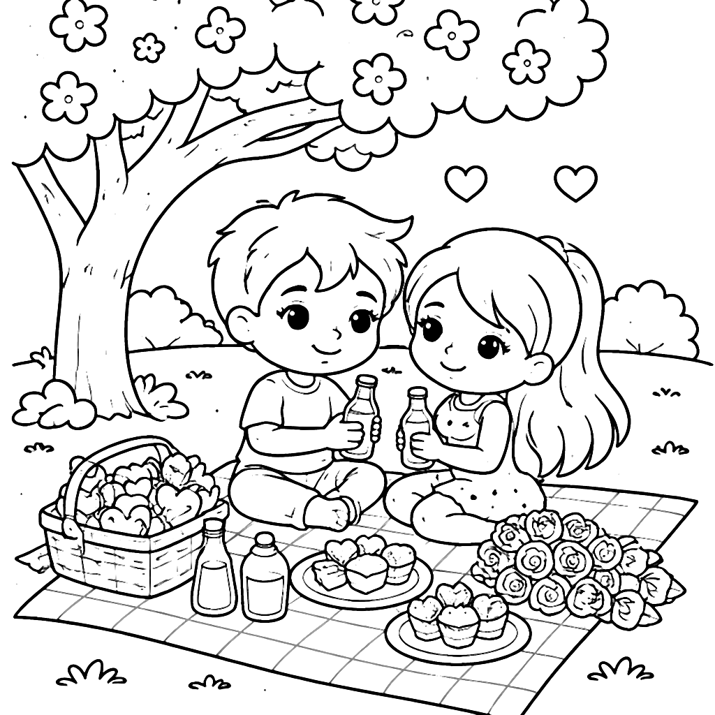 Romantic Valentine's Day Picnic Coloring Page