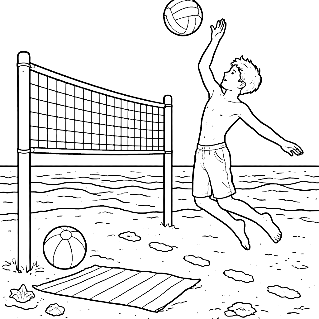 Volleyball Coloring Page: Jumping to Spike on the Beach