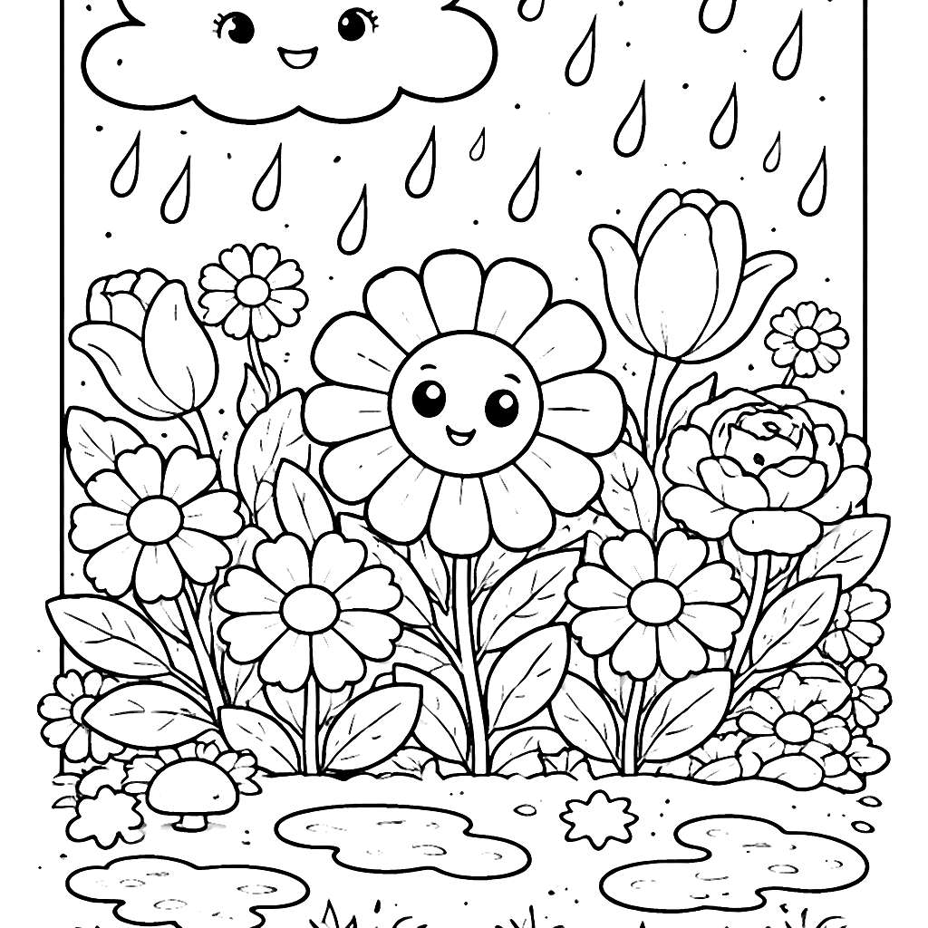 Gentle Rain in a Flower Garden Coloring Page