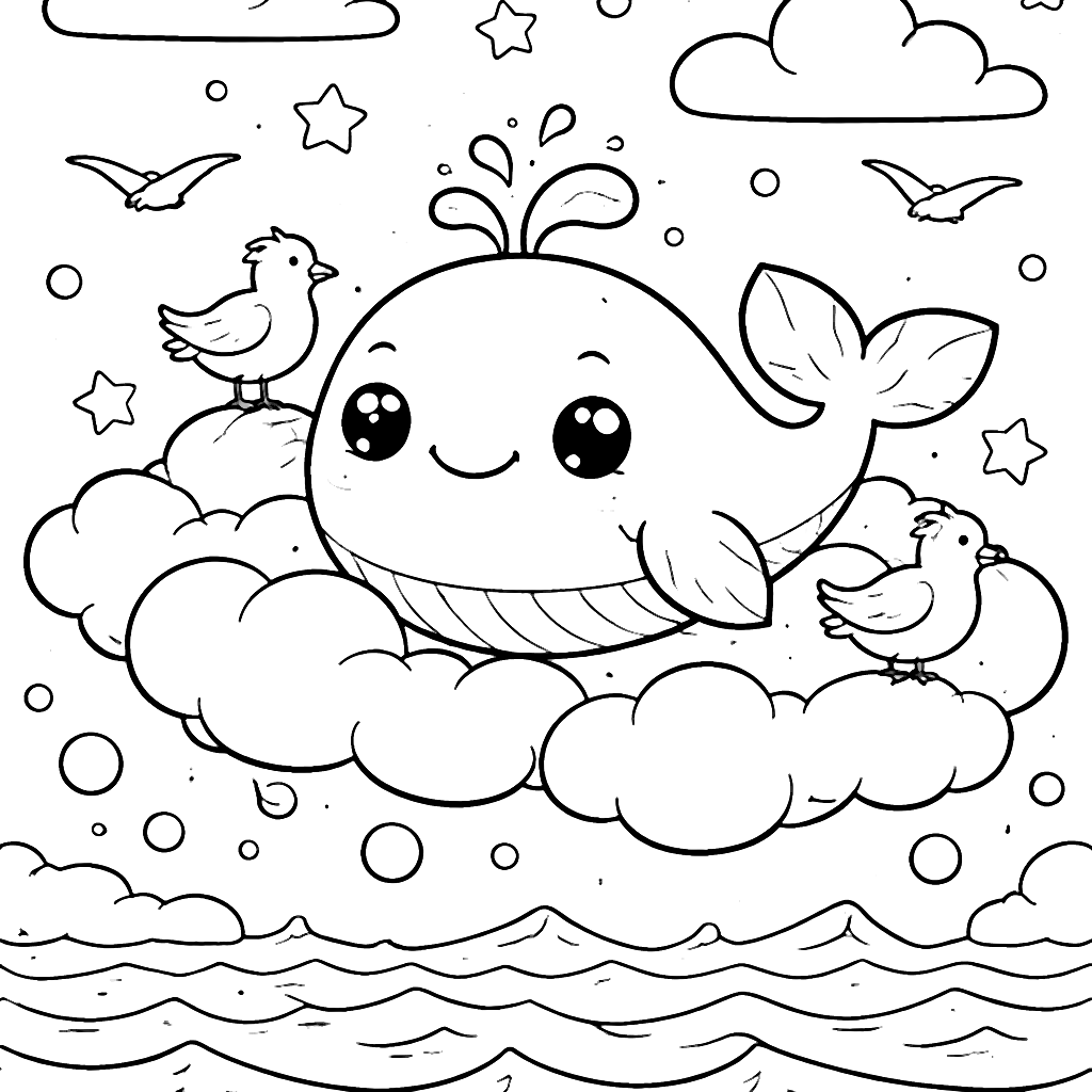 Whimsical Whale Coloring Page Above the Sea