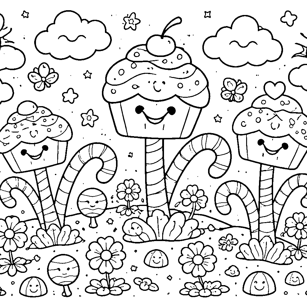 Whimsical Cupcake Garden Coloring Page
