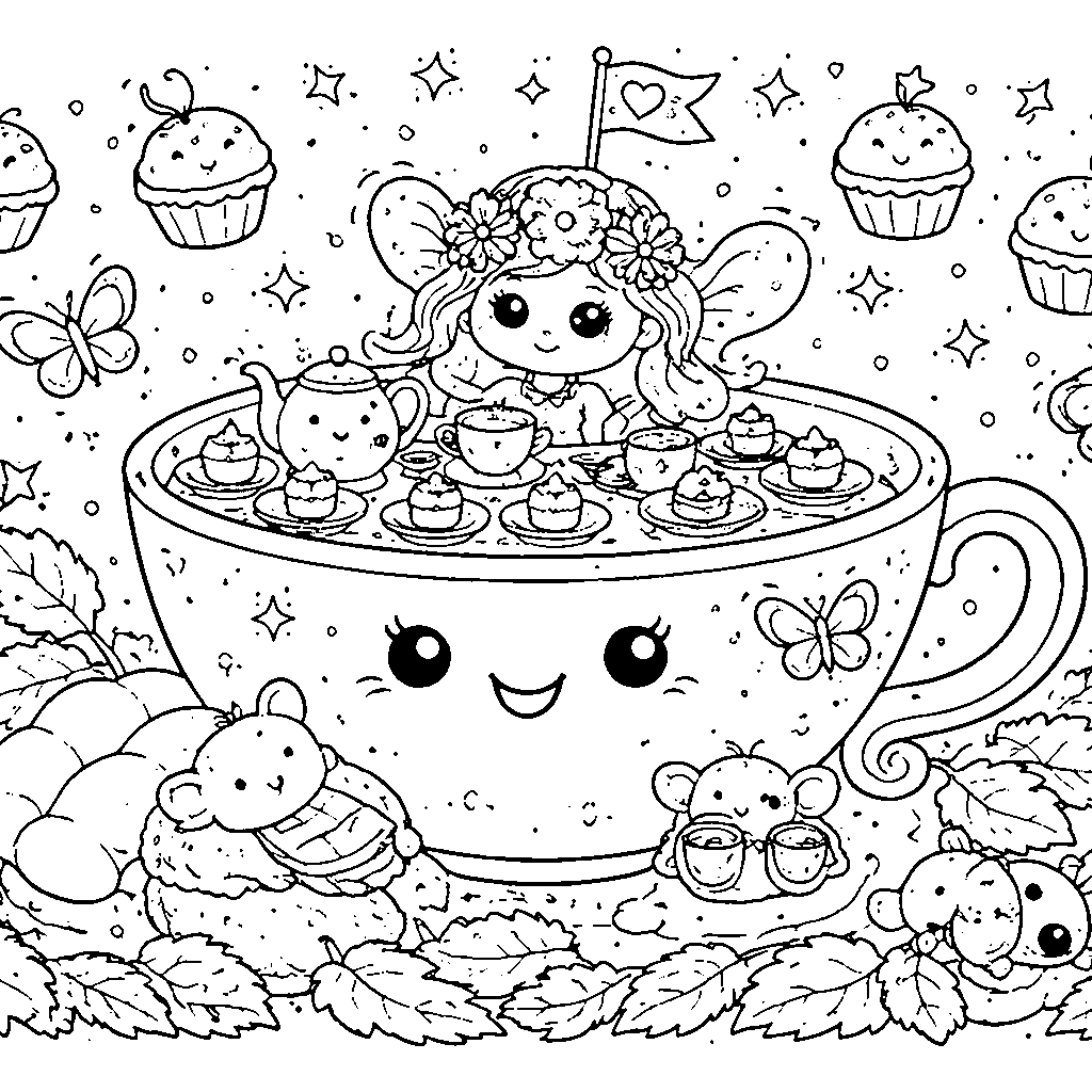 Enchanting Whimsical Fairy Tea Party Coloring Page