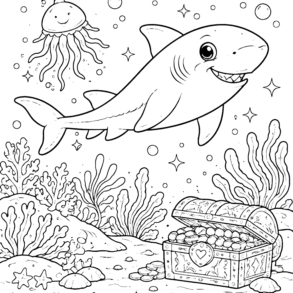 Whimsical Shark Coloring Page with Magical Elements