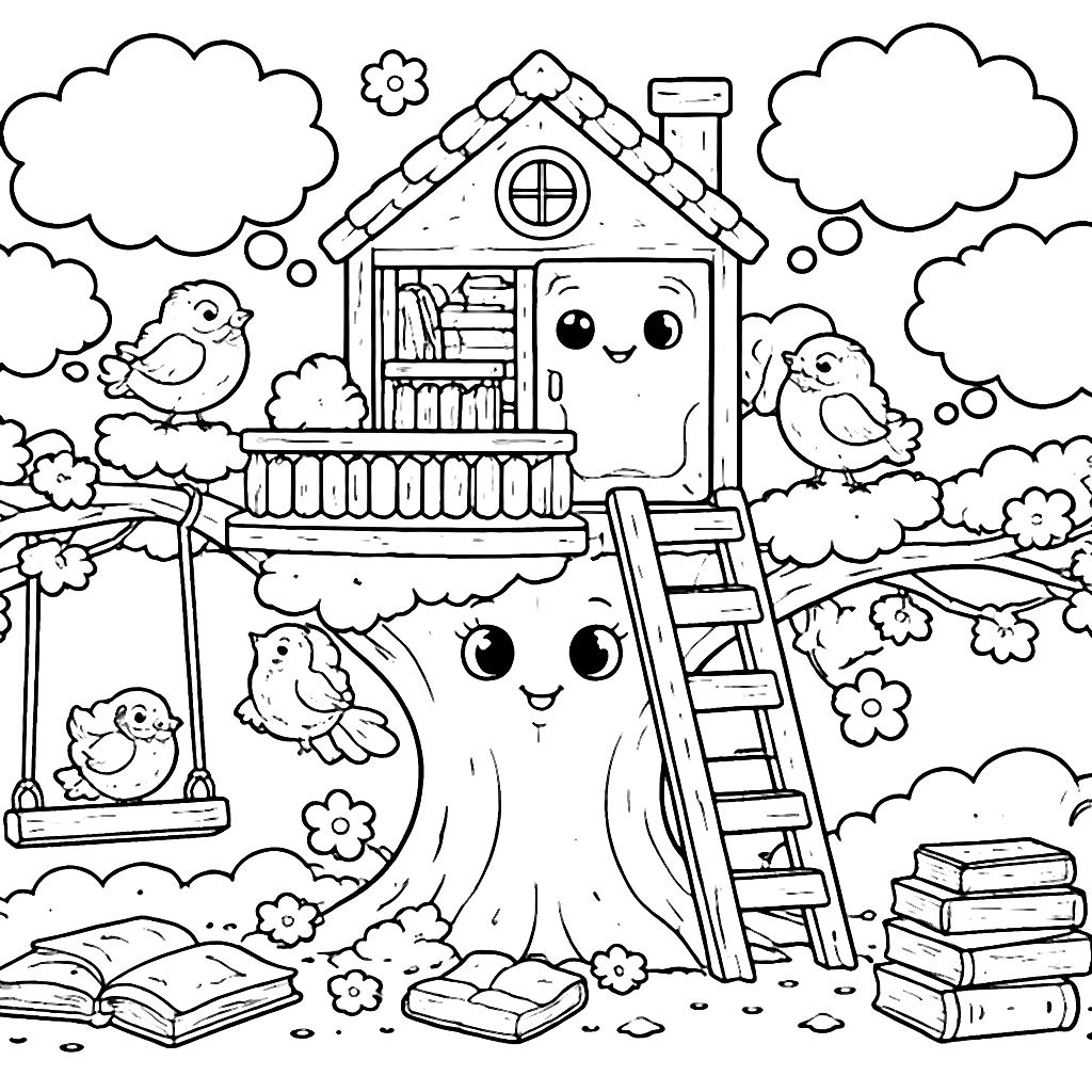 Whimsical Treehouse Coloring Page for Kids