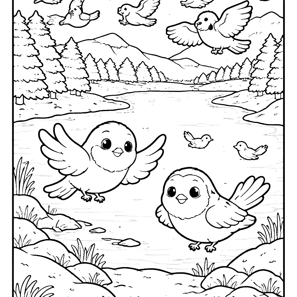 Winter Coloring Page: Serene Lake and Flock of Birds