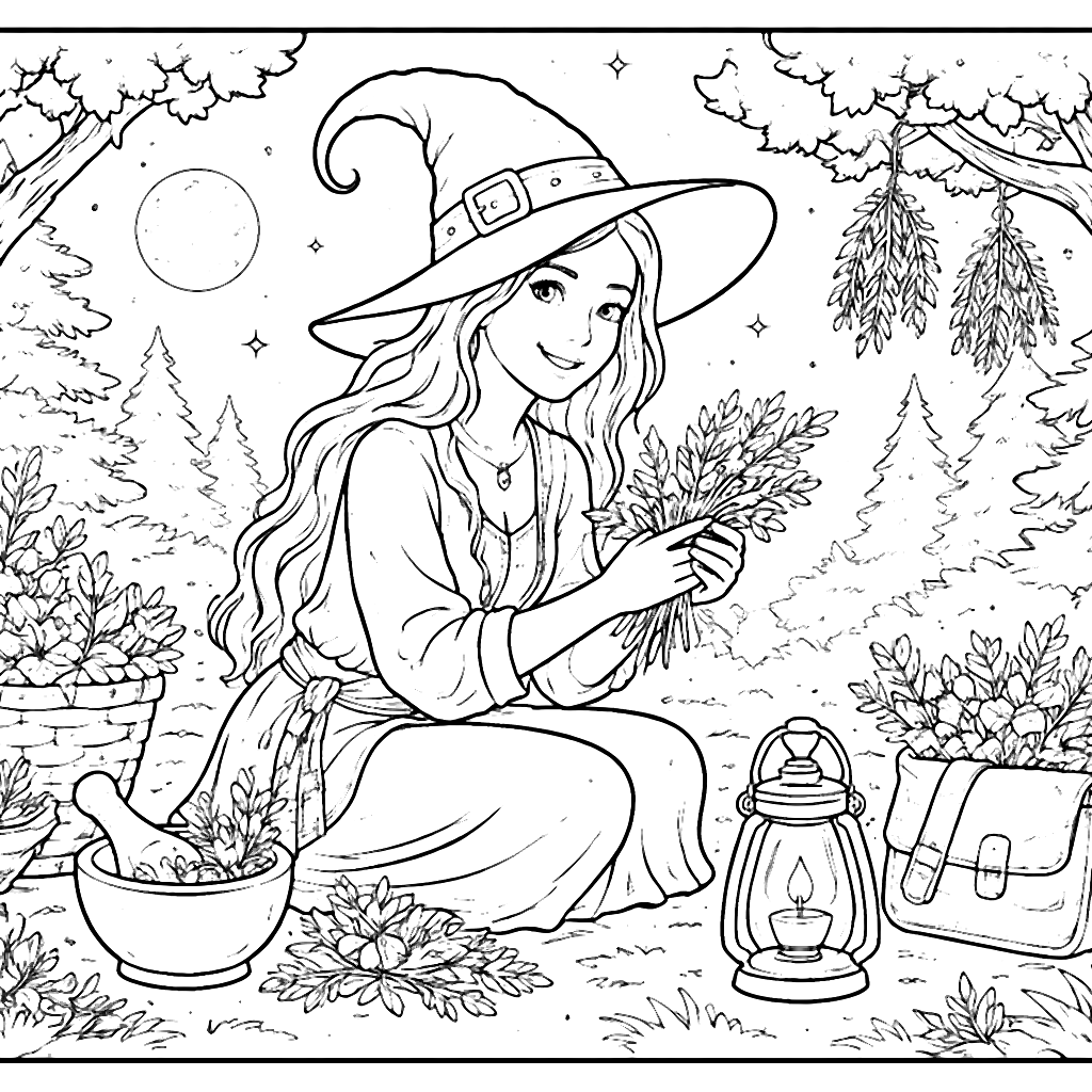 Witch Gathering Herbs in a Moonlit Forest Coloring Page