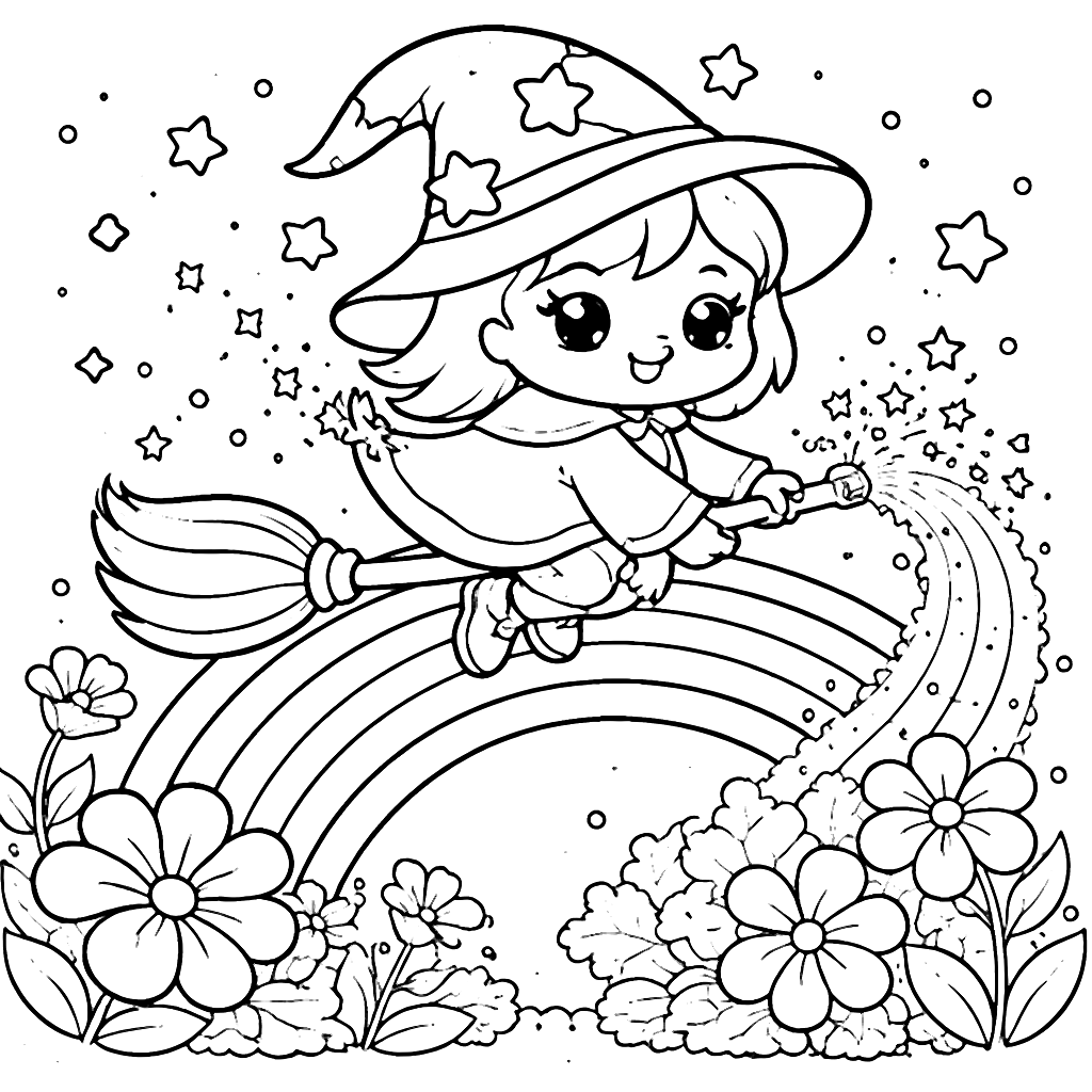 Magical Wizards on a Broomstick - Coloring Page