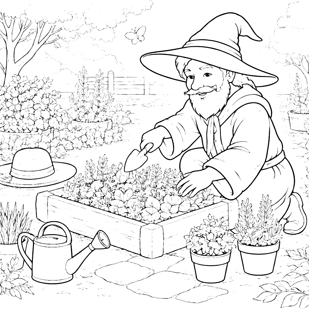 Wizards Tending a Lush Herb Garden Coloring Page