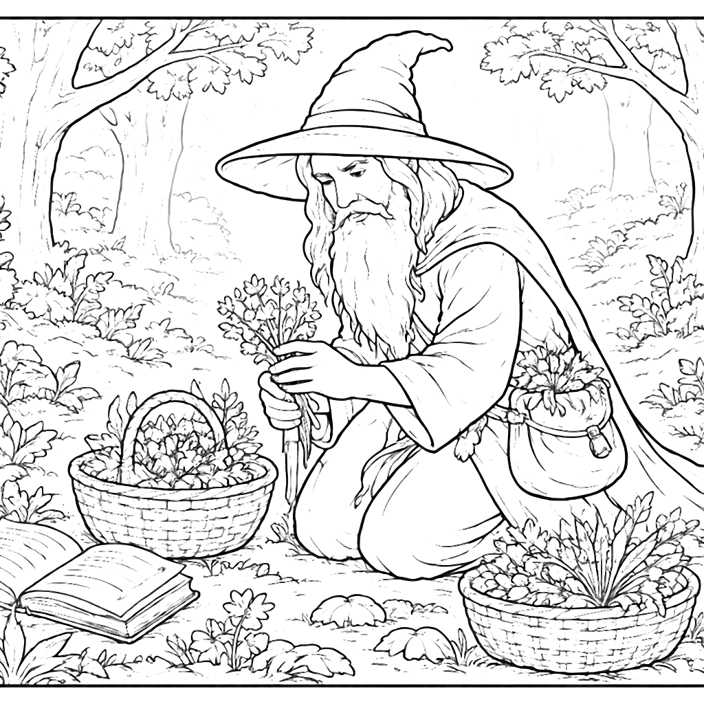 Enchanting Wizards Gathering Herbs Coloring Page