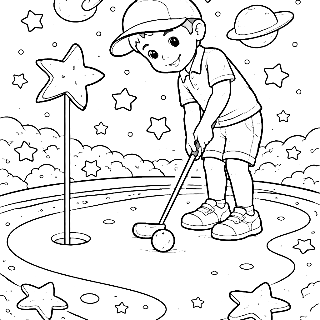 Young Golfer on a Celestial Golf Course Coloring Page