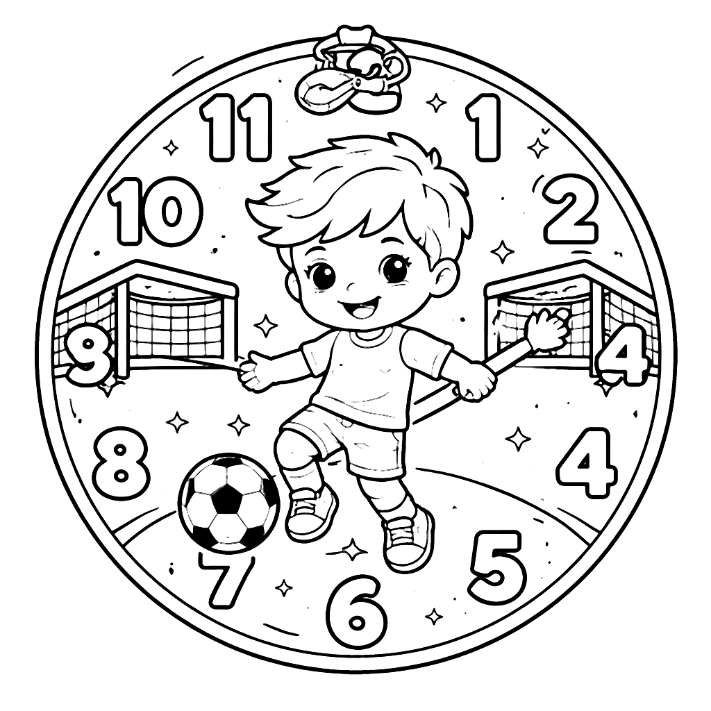 Coloring Page of a Young Soccer Player in a Clock Setting